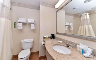Guest bathroom with shower at Hampton Inn Deer Park.