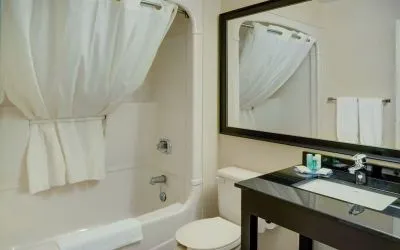 Guest bathroom with tub and free toiletries at Comfort Inn Prince Albert.