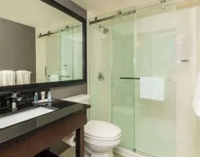 Guest bathroom with shower and free toiletries at Comfort Inn Hamilton.