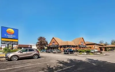 Hotel exterior and parking area at Comfort Inn Brantford.