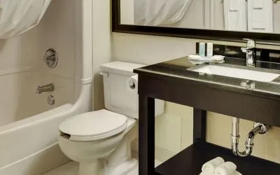 Guest bathroom with tub and free toiletries at Comfort Inn Brantford.
