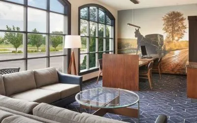 Lobby lounge with business center at Courtyard By Marriott Waterloo St. Jacobs.