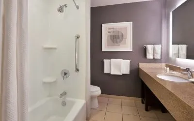 Guest bathroom with combined shower and tub at Courtyard By Marriott Waterloo St. Jacobs.