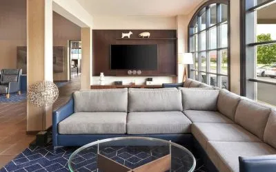 Comfortable lobby lounge perfect for co-working at Courtyard By Marriott Waterloo St. Jacobs.