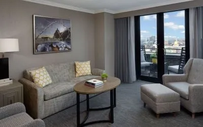 Living area and balcony at Hyatt Regency Boston.