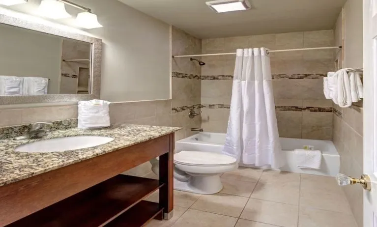 Guest bathroom with shower and tub at Hotel St. Pierre.