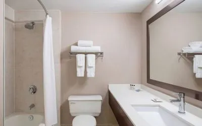 Guest bathroom with shower and tub at Delta St. John's Hotel & Conference Center.