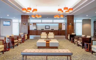 Lobby lounge perfect for co-working at Delta Hotel By Marriott Regina.