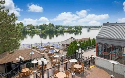 Beautiful hotel terrace with lounge sitting at Holiday Inn Peterborough-Waterfront.