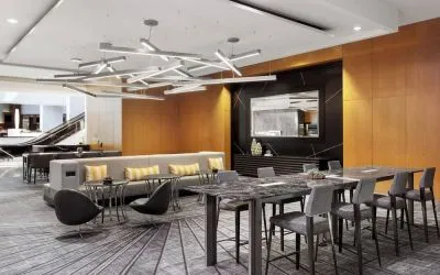 Lobby and coworking lounge at Crystal Gateway Marriott.