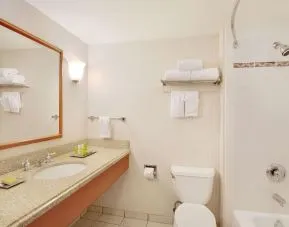 Guest bathroom with shower and tub at Hilton Seattle Airport & Conference Center.