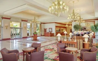 Lobby and coworking lounge at Hilton Seattle Airport & Conference Center.