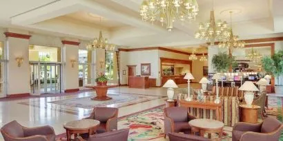 Lobby and coworking lounge at Hilton Seattle Airport & Conference Center.