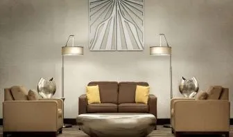Lobby and coworking lounge at Radisson Akron/Fairlawn.