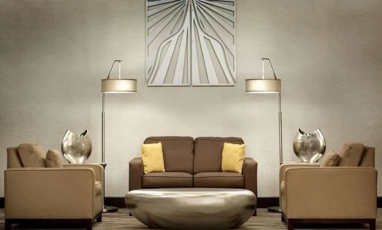 Lobby and coworking lounge at Radisson Akron/Fairlawn.