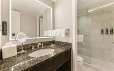 Guest bathroom with shower at Capital Hilton.