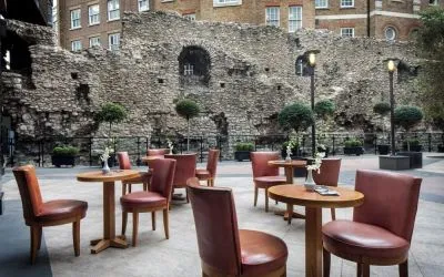 Beautiful hotel terrace with comfortable seating, perfect for co-working at Leonardo Royal Hotel London City.