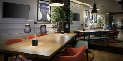 Lobby workspace at Leonardo Royal Hotel London City.
