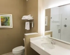 Guest bathroom with shower at Fairfield Inn And Suites Cambridge Ohio.