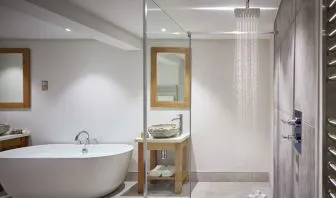 Guest bathroom with shower and tub at Barnett Hill Hotel.