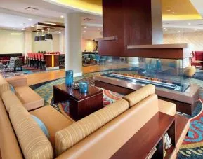 Lobby and coworking lounge at Residence Inn Secaucus.