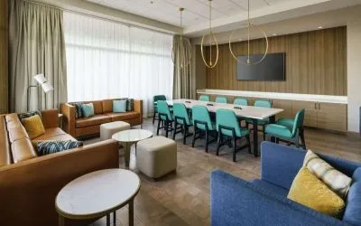 Lobby and coworking lounge at Hilton Garden Inn Sunnyvale.