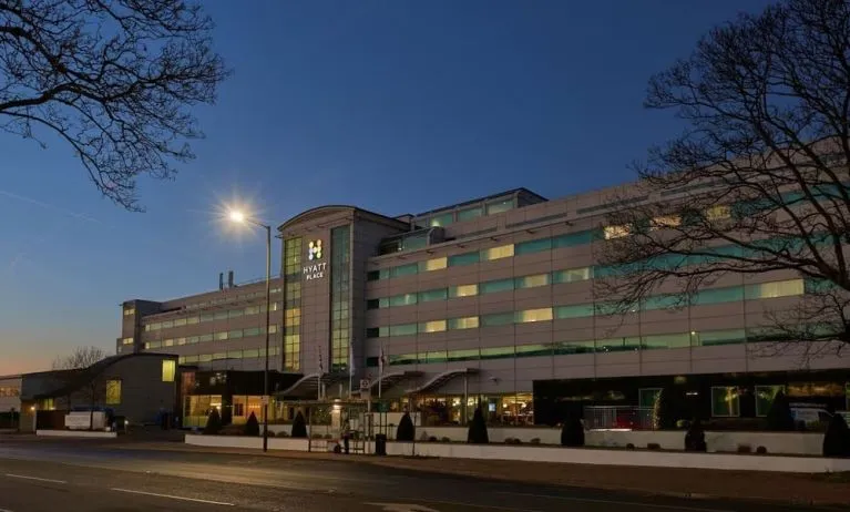 Hotel exterior at Hyatt Place London Heathrow Airport.
