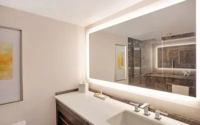 Guest bathroom with shower at Hilton McLean Tysons Corner.