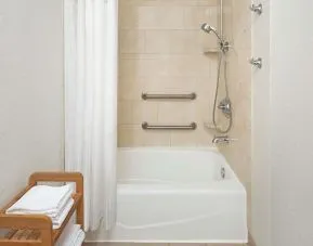 Guest bathroom with shower and tub at DoubleTree Raleigh Durham Airport At Research Triangle Park.