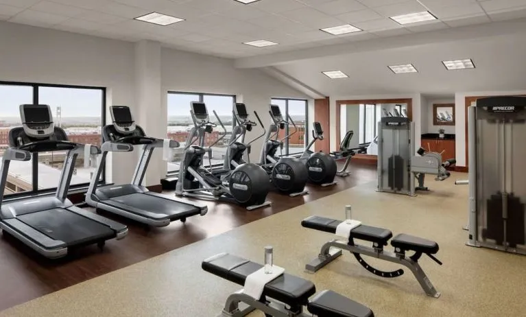 Fitness center available at Embassy Suites By Hilton Fort Worth Downtown.
