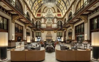 Lobby and coworking lounge at Union Station Hotel Nashville.