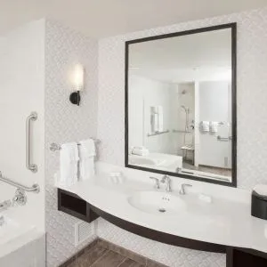 Guest bathroom with shower and tub at Hilton Garden Inn Burbank Downtown.
