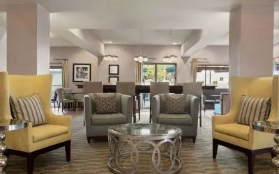 Lobby and coworking lounge at Hampton Inn Phoenix-Midtown-Downtown Area.