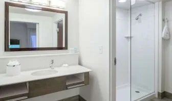 Guest bathroom with shower at Hampton Inn & Suites Atlanta Perimeter Dunwoody.