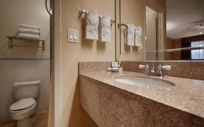 Guest bathroom with shower at Best Western Pearland Inn.