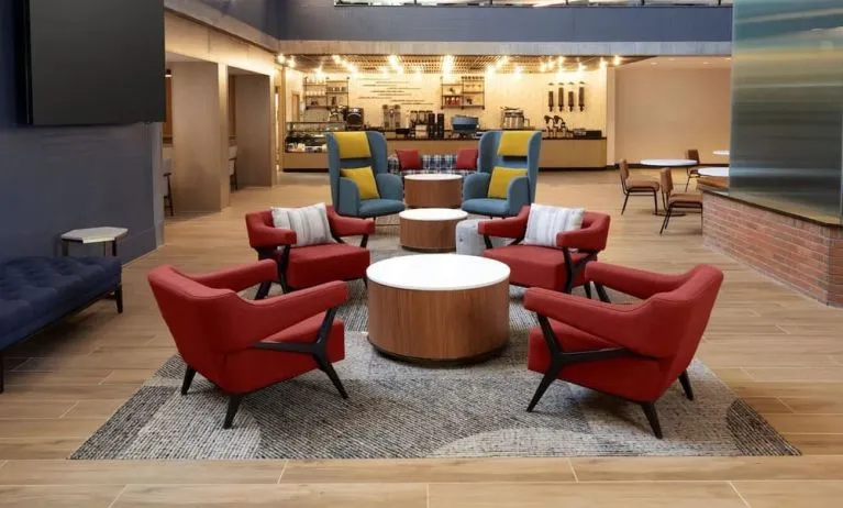 Lobby and coworking lounge at Hyatt Regency Boston/Cambridge.