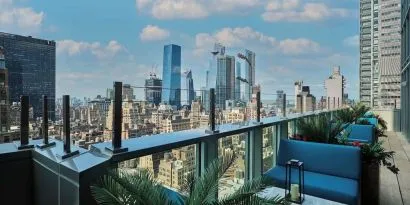 Hotel terrace and rooftop views at Margaritaville Resort Times Square.