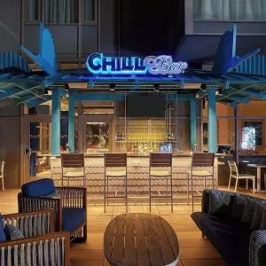 Hotel bar at night at Margaritaville Resort Times Square.