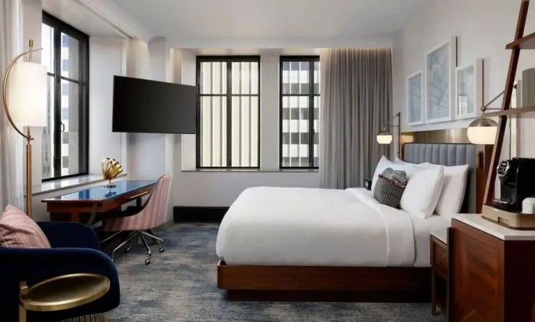 Delux king room with work desk at Rand Tower Hotel, Minneapolis, A Marriott Tribute Portfolio Hotel.