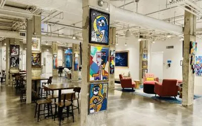 Lobby and coworking lounge at Plunge Beach Resort.