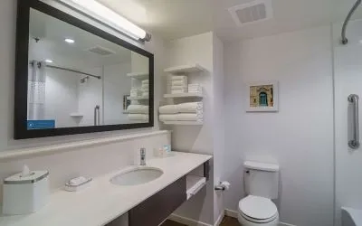 Guest bathroom with shower and tub at Hampton Inn Chicago North/Loyola Station.