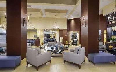 Lobby and coworking lounge at DoubleTree By Hilton Orlando Downtown.

