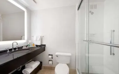 Guest bathroom with shower at Hilton Atlanta.