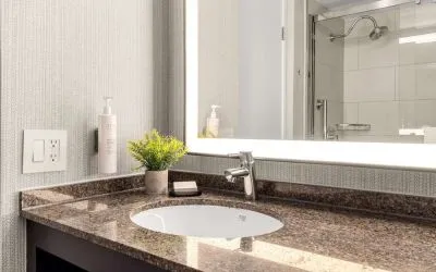 Guest bathroom with shower at Embassy Suites By Hilton Los Angeles International Airport South.