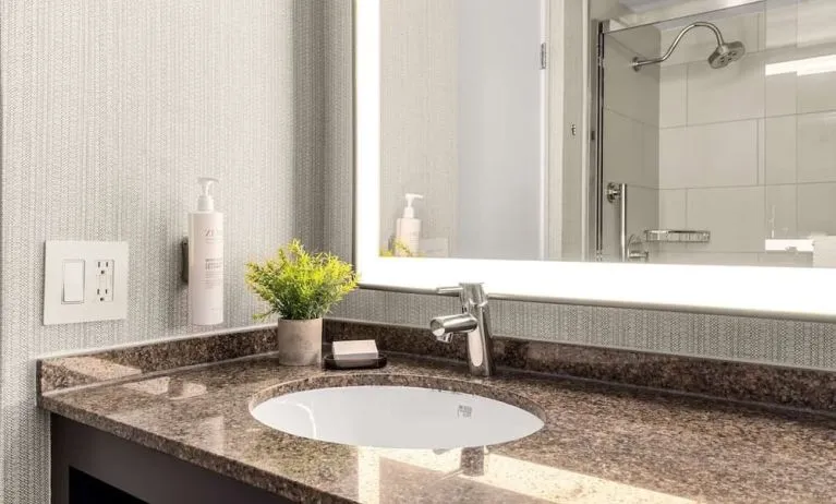 Guest bathroom with shower at Embassy Suites By Hilton Los Angeles International Airport South.