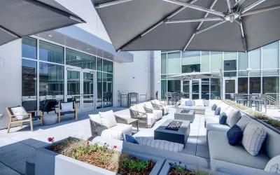 Plenty of seats in courtyard of the Hilton Garden Inn Denver Union Station.