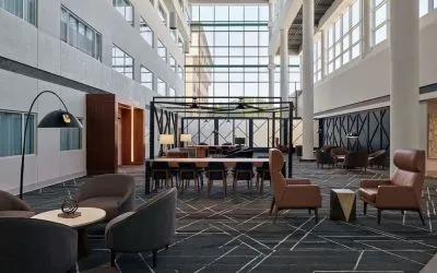 Lobby and coworking space at Delta Hotels By Marriott Little Rock West.