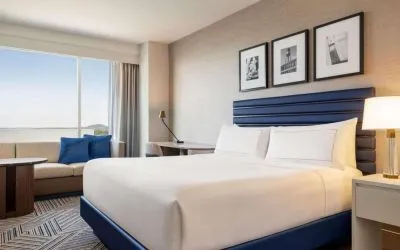 King bed at Hilton BNA Nashville Airport Terminal.
