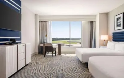Day use double room with work desk at Hilton BNA Nashville Airport Terminal.
