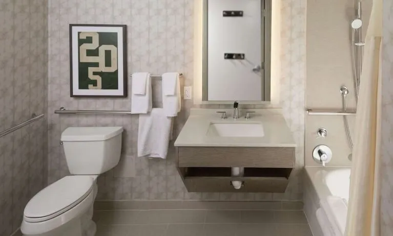 Guest bathroom with shower and tub at Hilton Birmingham At UAB.